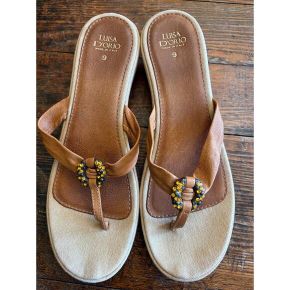 LUISA D’ORIO ITALY WEDGE JEWELED SANDAL CANVA & BROWN LEATHER, SIZE 9 - Picture 8 of 8